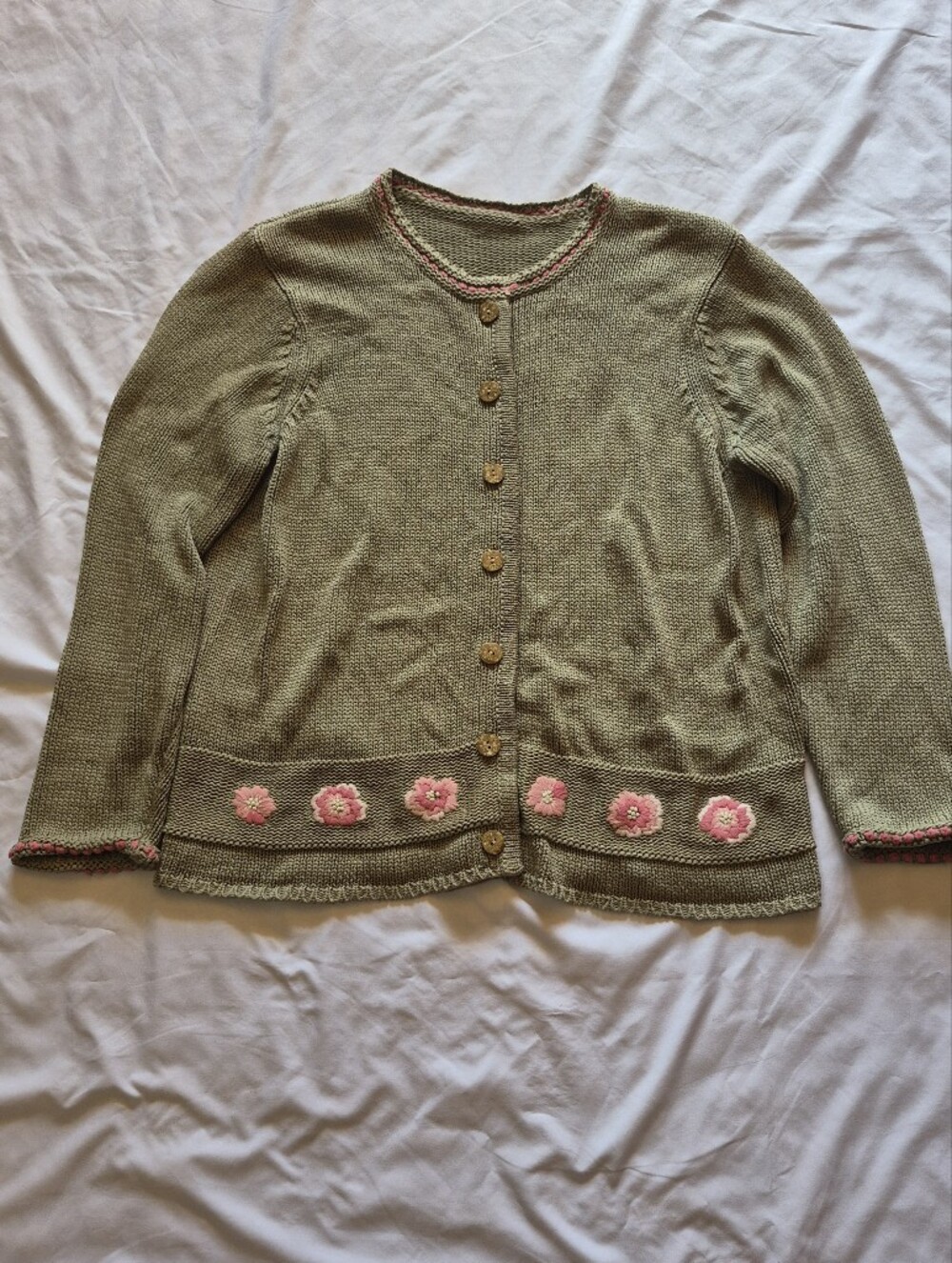 Olive Green Floral Embroidered Button-Up Sweater Cardigan Size XL
